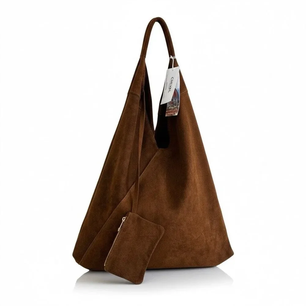 Cheval Italy Suede Leather Hobo Shoulder Bag Brown Oversized Tote Boho Hippie - Picture 2 of 14